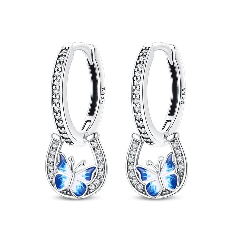 Silver Hoop Earrings with Horseshoe and Butterfly