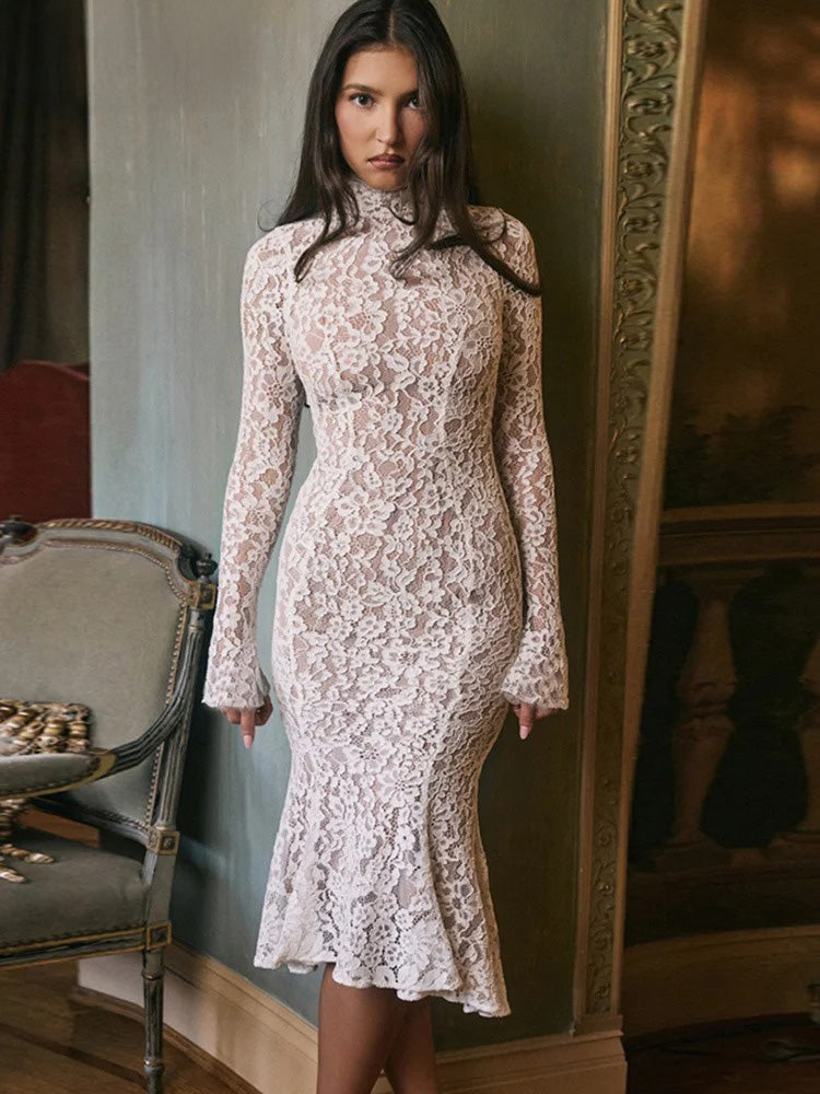 White long dress with jacquard pattern and bell sleeves