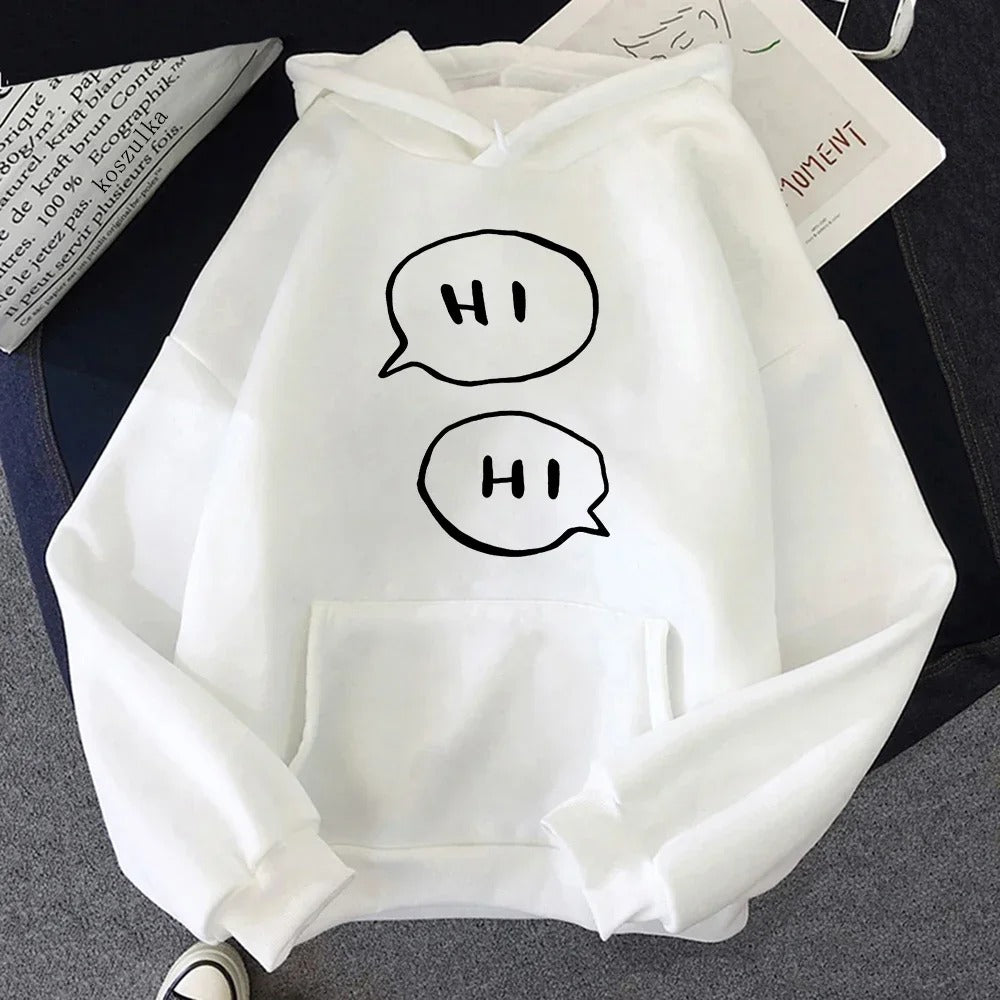 White hoodie with the inscription HI