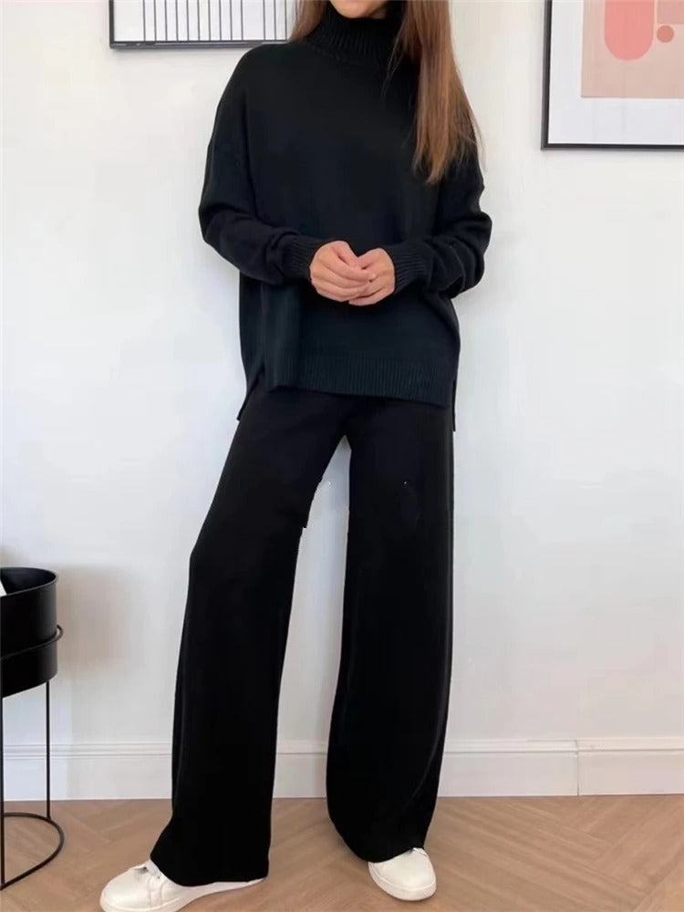 Black Knitted Set with Turtleneck and Wide Leg Pants