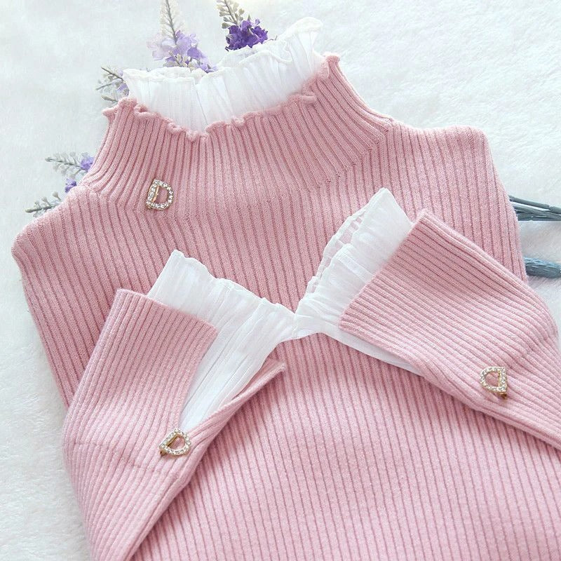 Pink Turtleneck Sweater with Lace Trim