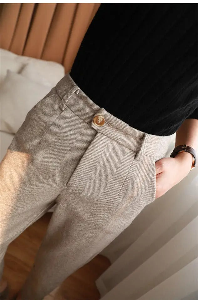 Cream White Wool High Waist Harem Pants