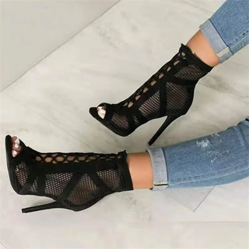 Black Mesh High Heel Gladiator Sandals with Lace-Up