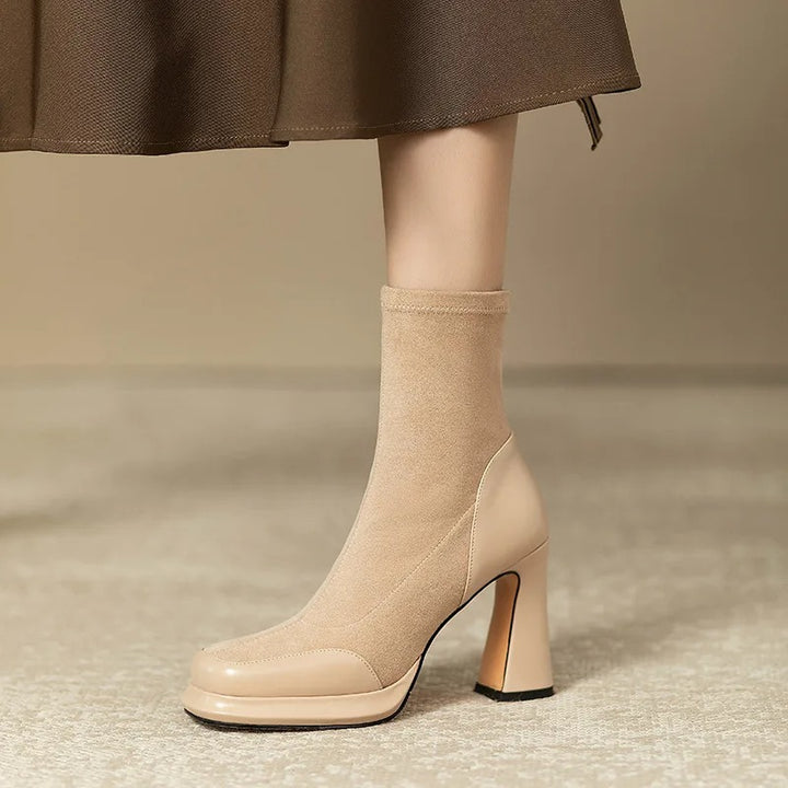 Beige retro high heel ankle boots