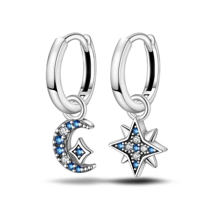 Silver Hoop Earrings with Moon and Zircon Star