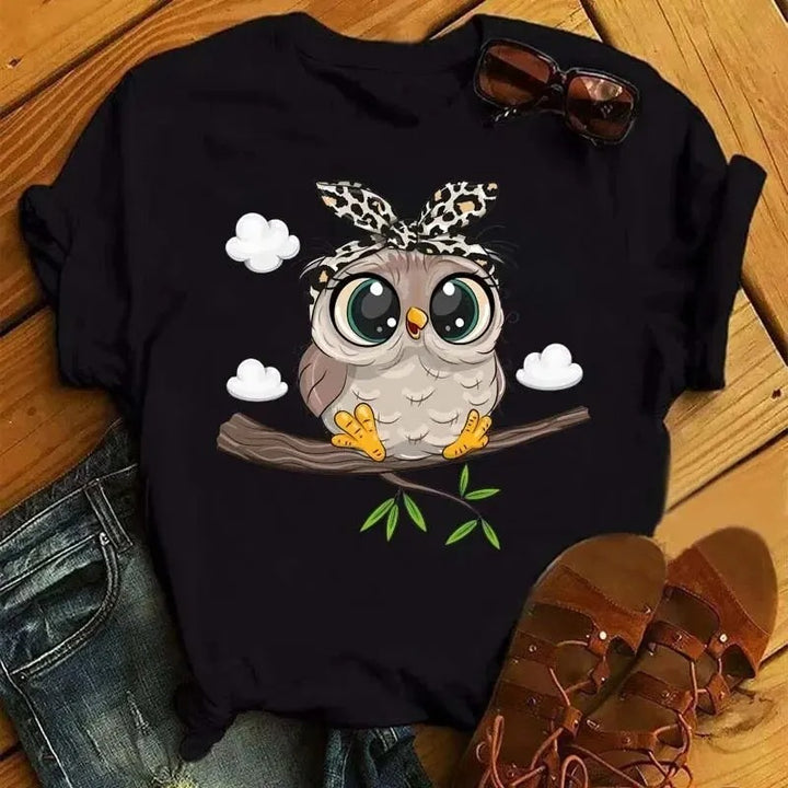 Black Cartoon Owl Print T-shirt