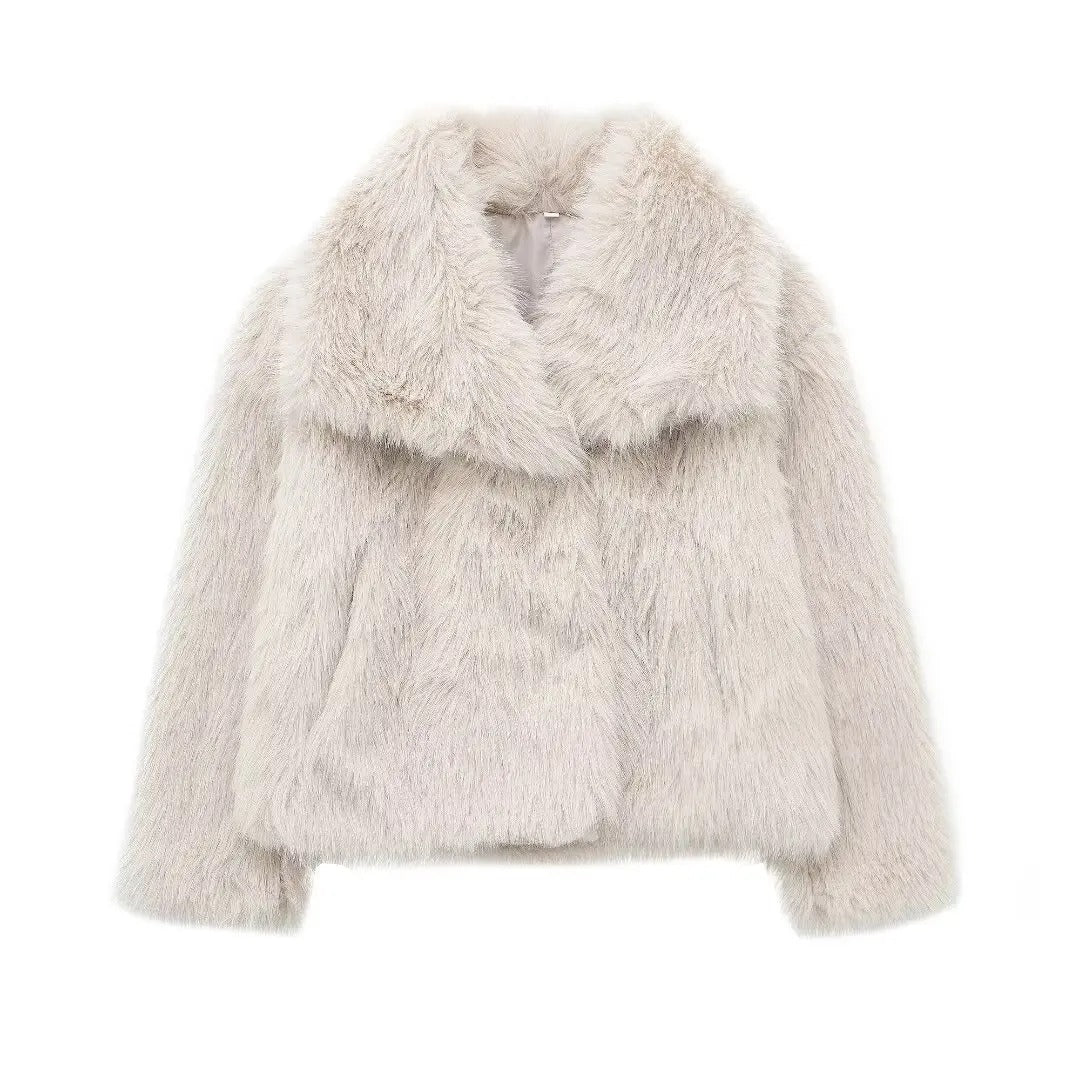 Beige and White Short Faux Fur Coat