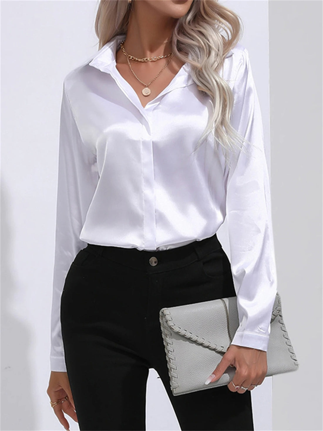 White Satin Blouse with Collar and Button