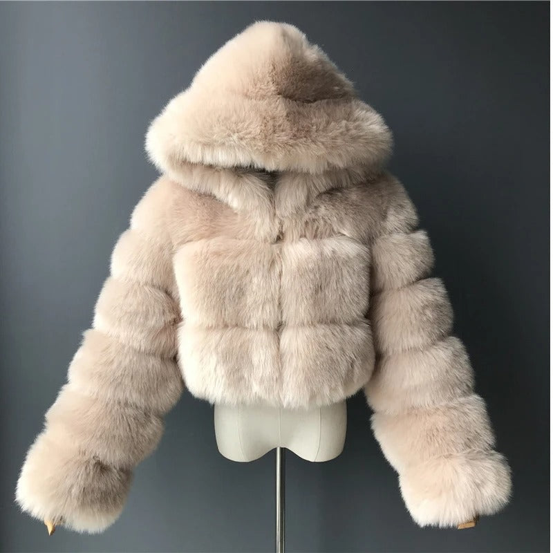 Beige Short Coat with Fur and Hood