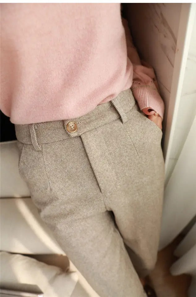 Cream White Wool High Waist Harem Pants