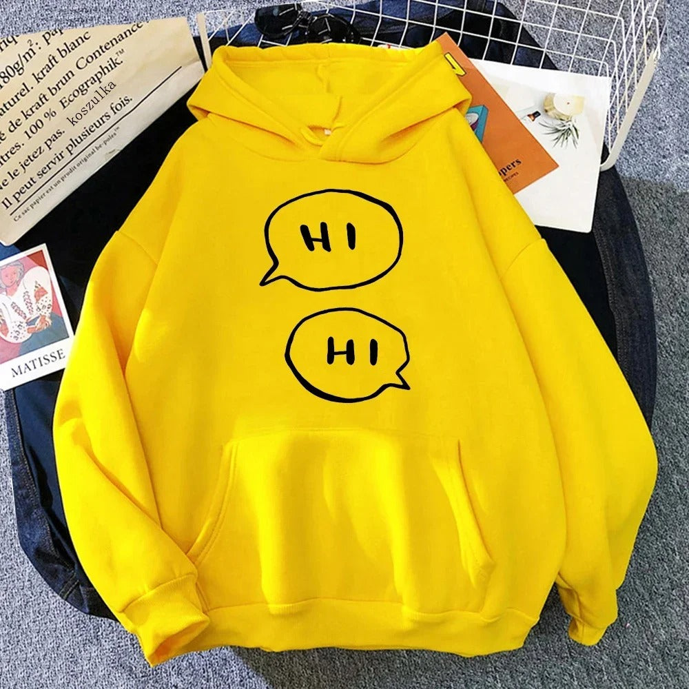 Yellow hoodie with the inscription HI