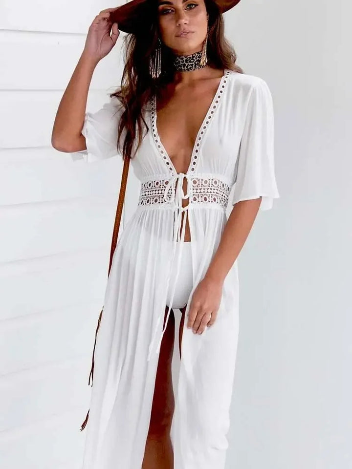 White Openwork Boho Beach Cover-up with Short Sleeves