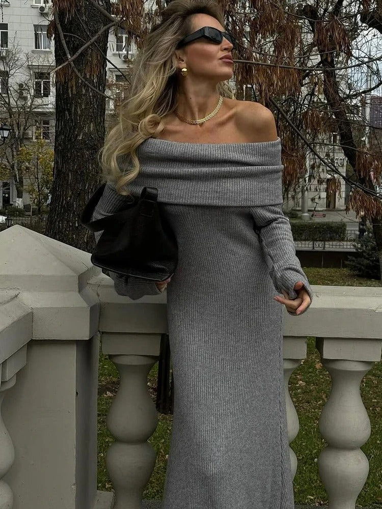 Gray knit off-the-shoulder dress