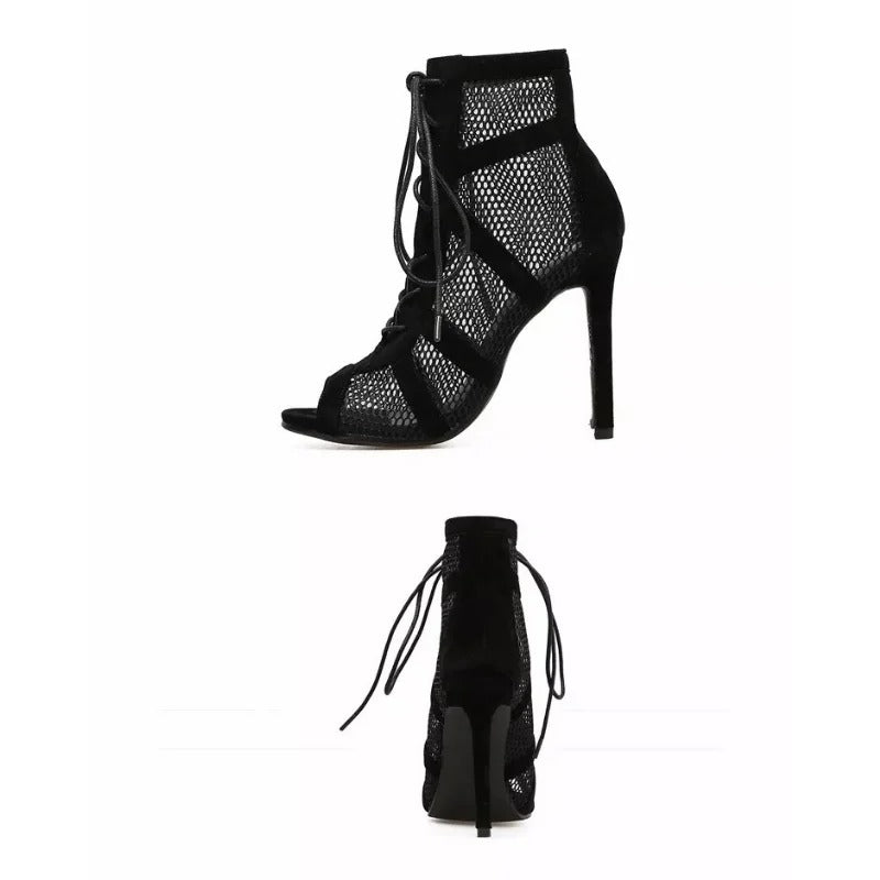 Black Mesh High Heel Gladiator Sandals with Lace-Up