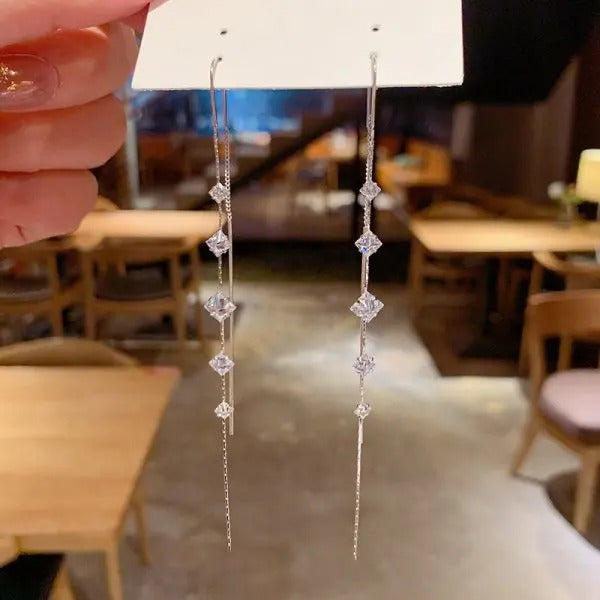 Silver Long Earrings with Cubic Zirconia Elegant Shine