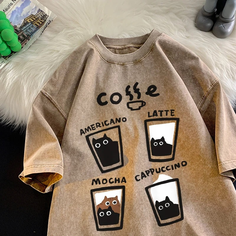 Brown T-shirt with a Cat Print in Retro Style