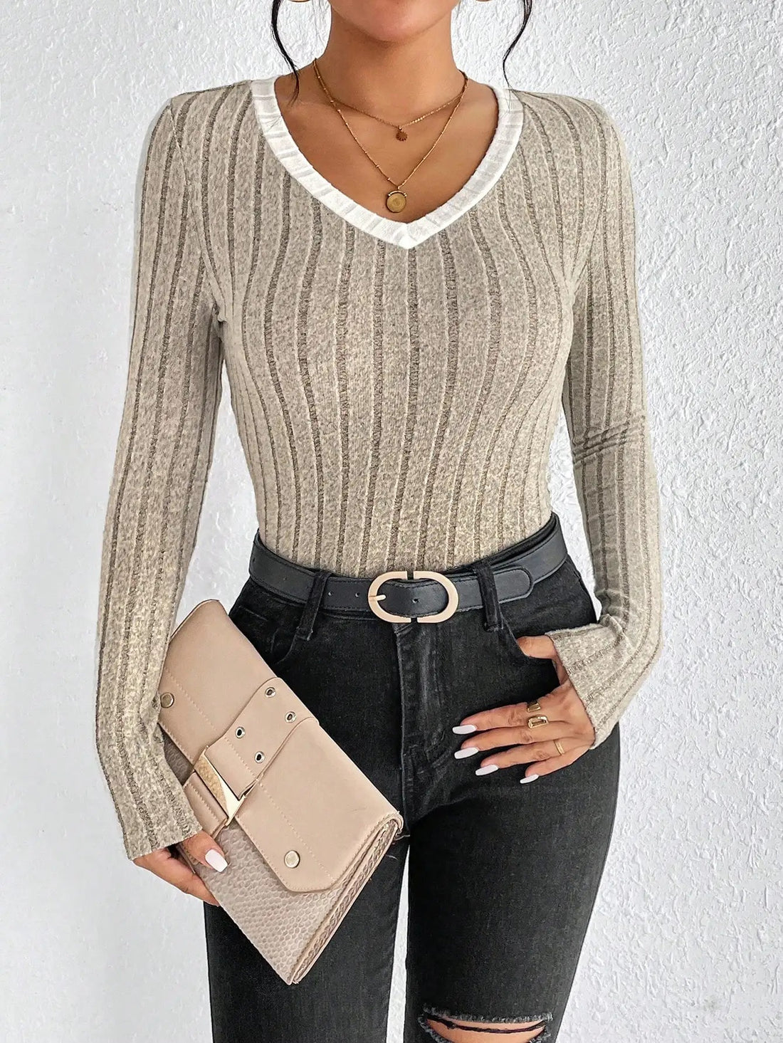 Khaki Fitted V-Neck Knit Top