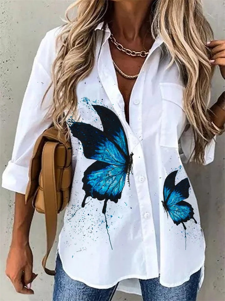 White Shirt with Blue Butterflies Print