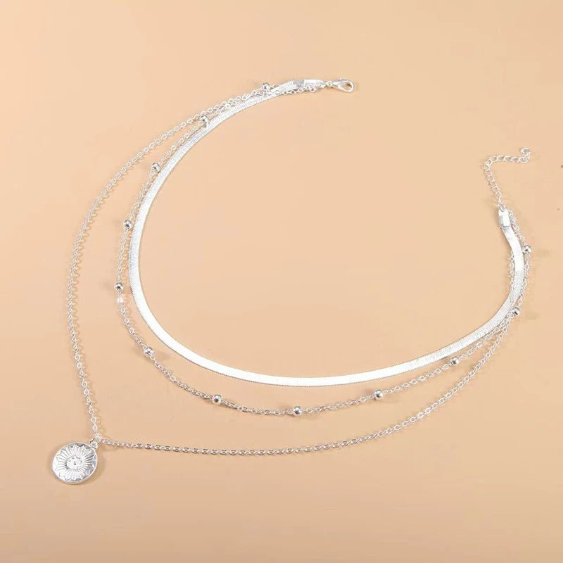 Platinum Three Layer Choker Necklace with Geometric Pendant