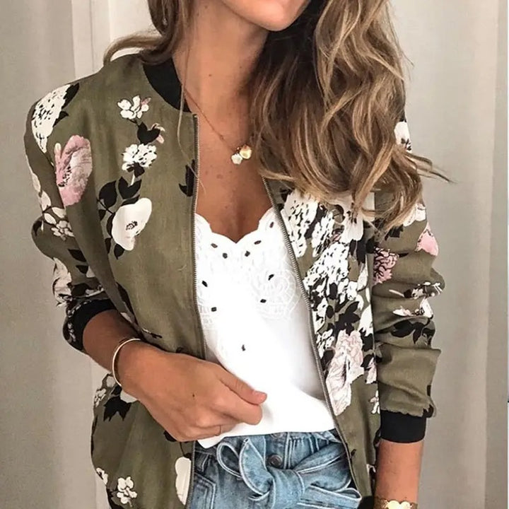 Green Floral Print Bomber Jacket