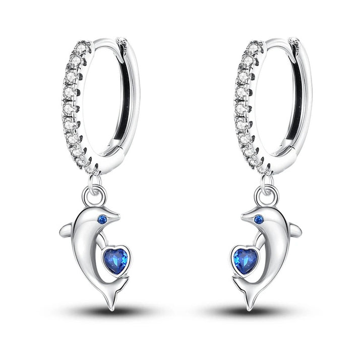 Silver Hoop Earrings with Dolphin and Zircon Heart