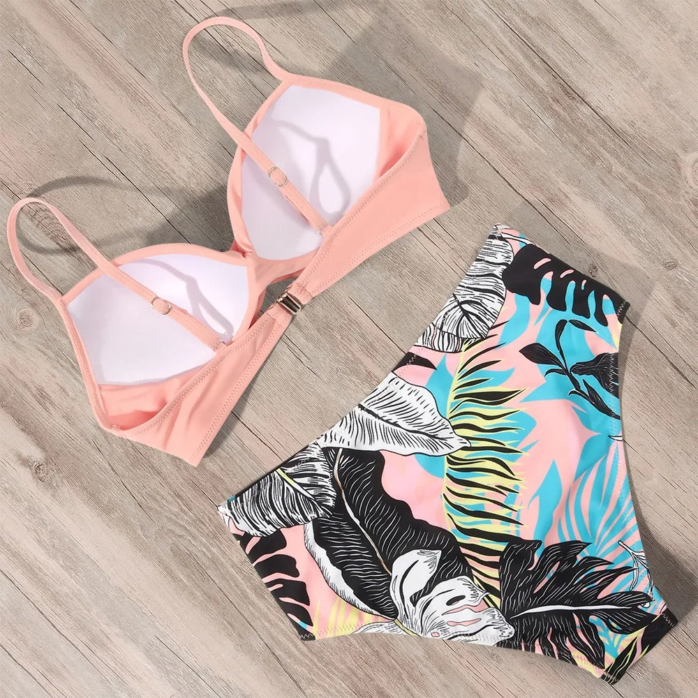 Peach Tropical High Waist Push-Up Bikini