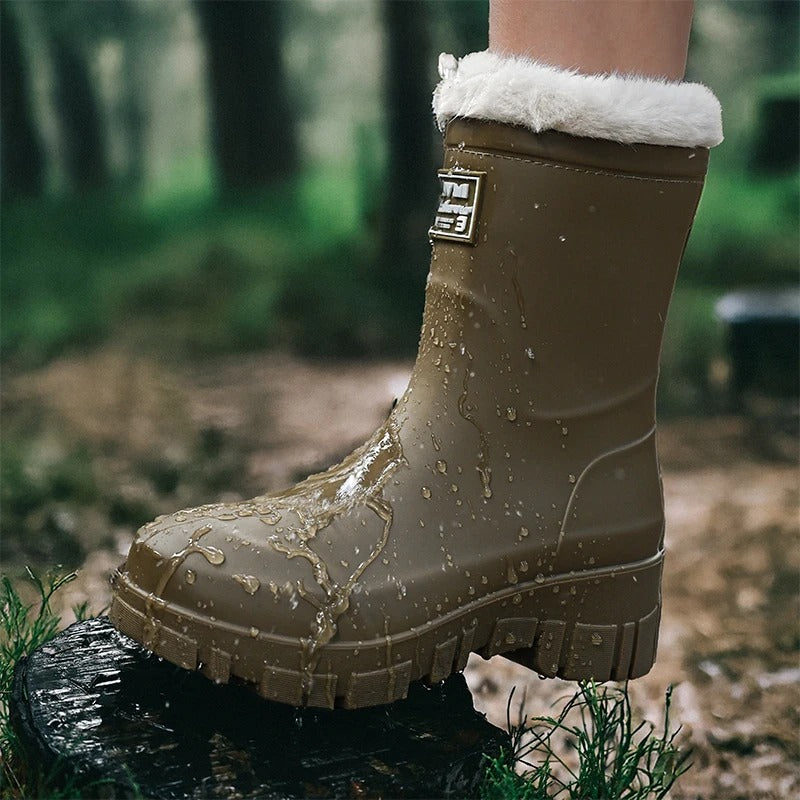 Brown Waterproof Platform Wellington Boots with Plush Lining