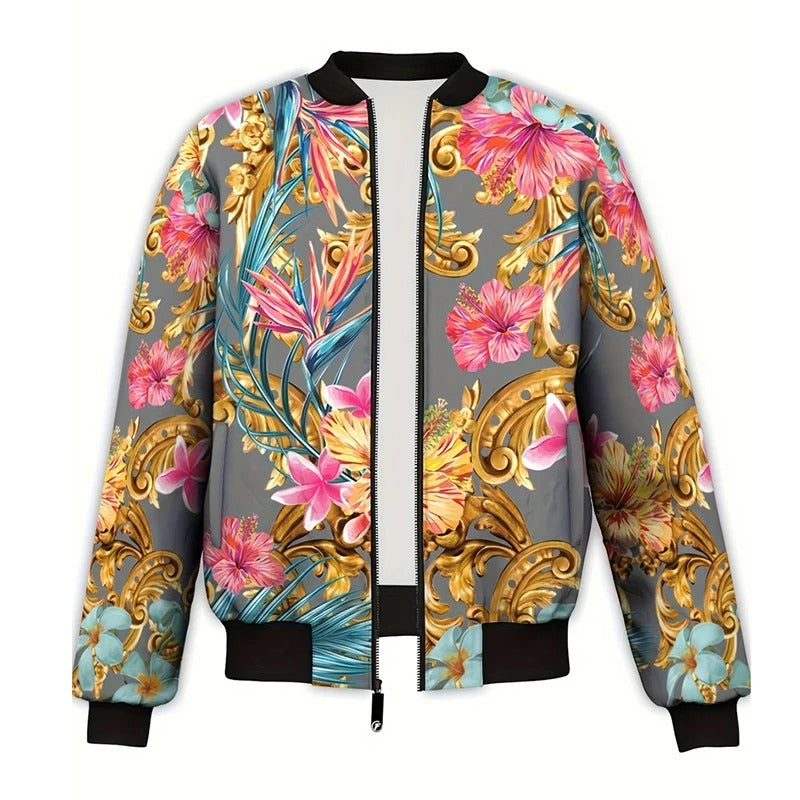 Gray and Gold Baroque Bomber Jacket