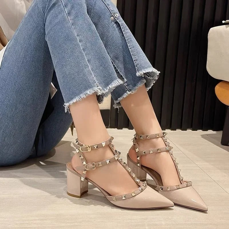 Beige High Heel Shoes with Studs and Pointed Toe