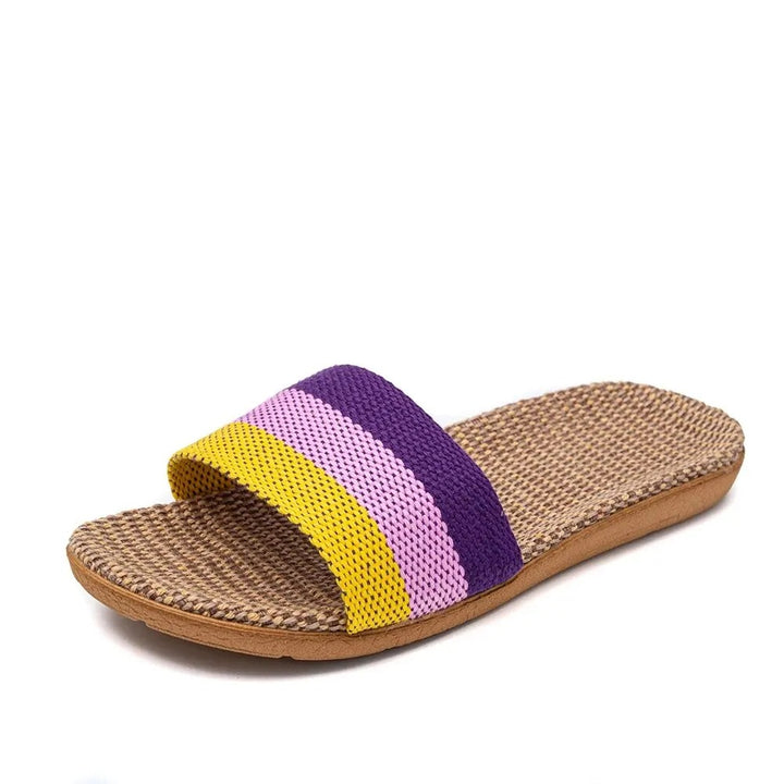 Purple striped linen flat slippers