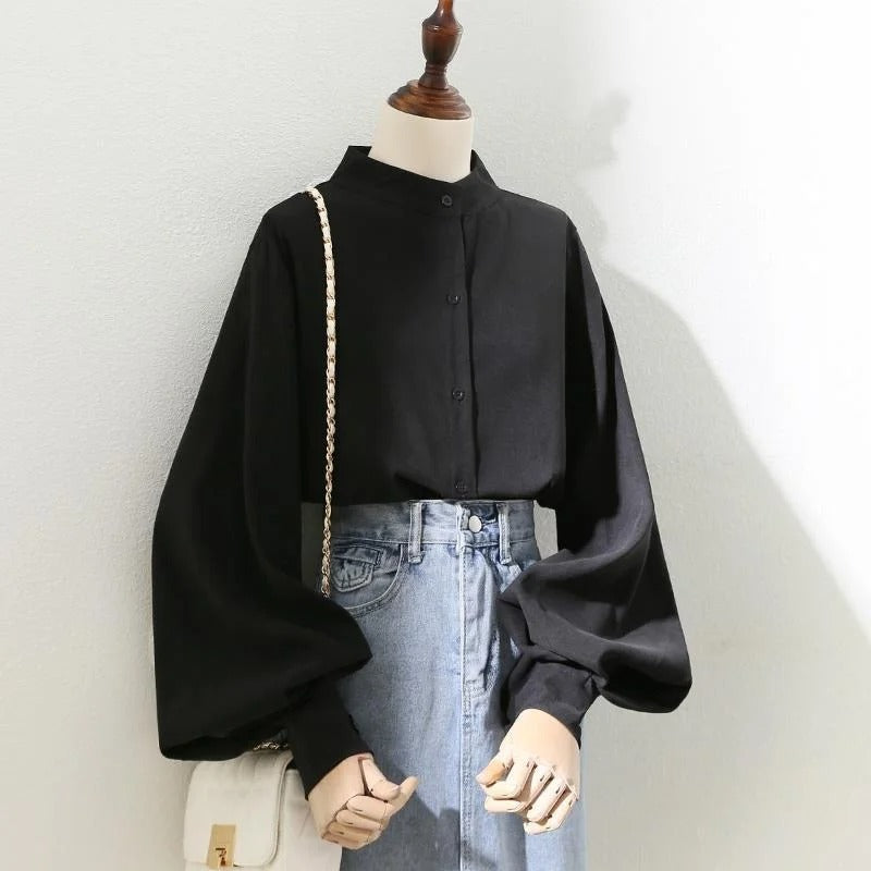 Black Blouse with Lantern Sleeves