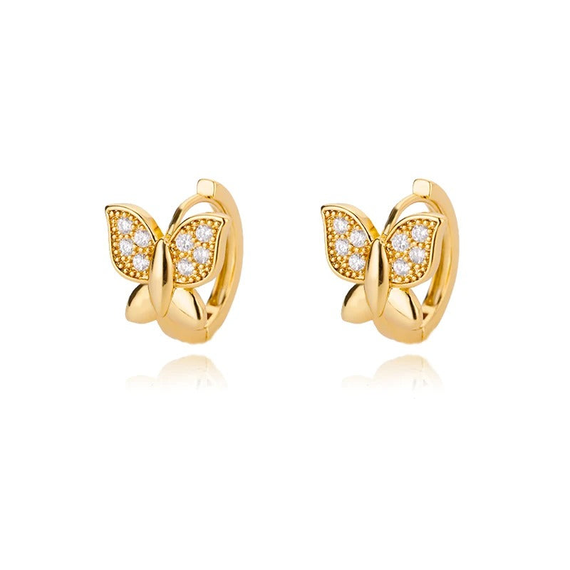 Gold Hoop Earrings with Cubic Zirconia and Butterfly Motif