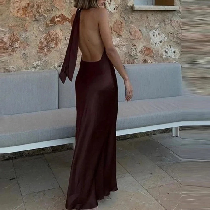 Brown Satin Halter Open Back Dress