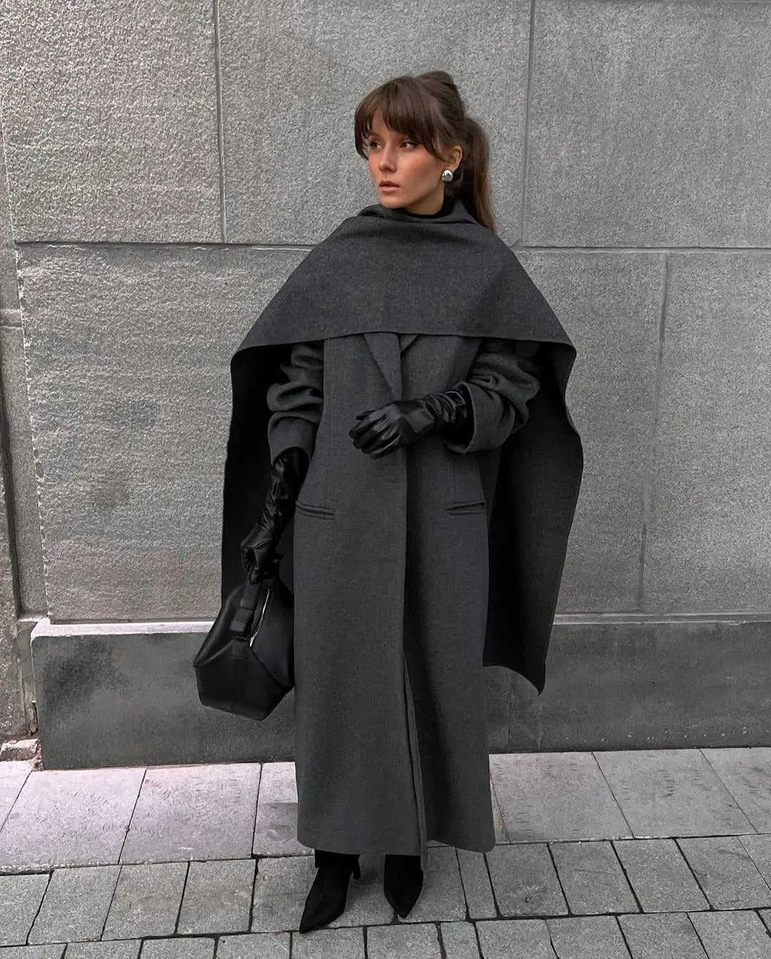 Gray Wool Coat with Scarf