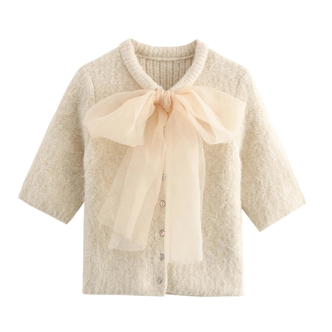 Beige Knitted Cardigan with Bow