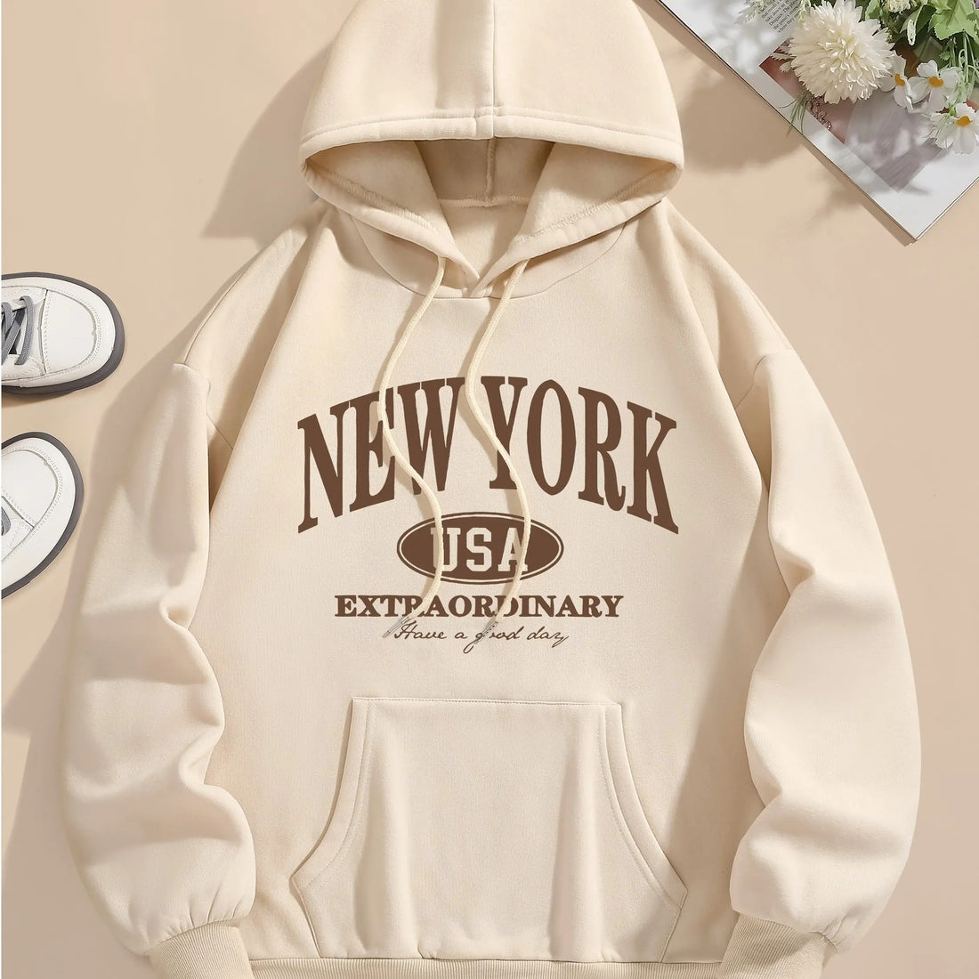 Khaki bluza z kapturem z nadrukiem New York