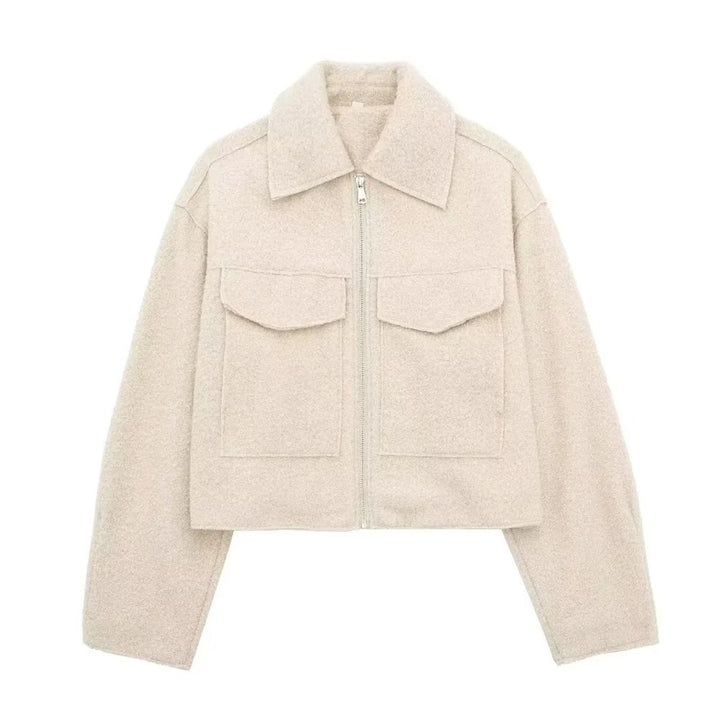 Beige Cropped Jacket with Lapels and Zipper