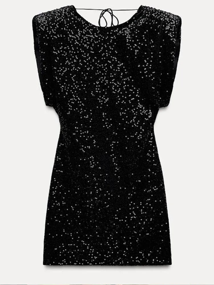 Black Sequin Sleeveless Round Neck Mini Dress