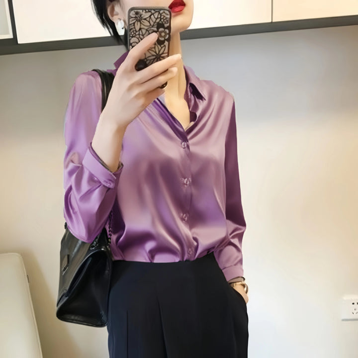 Purple Satin Turn-Down Collar Shirt