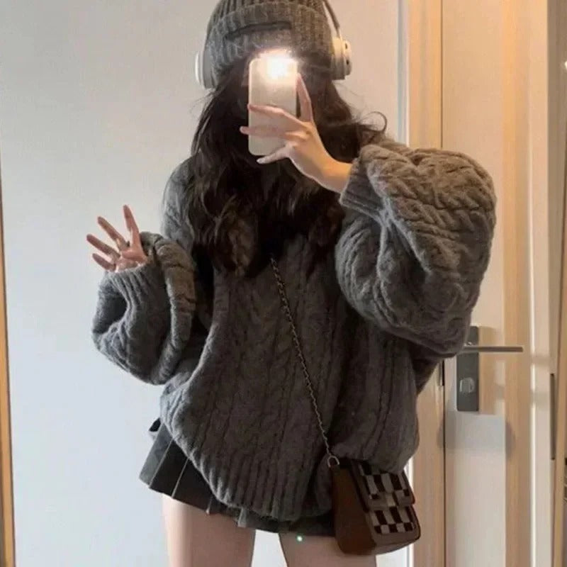 Oversized Gray Cable Knit Sweater