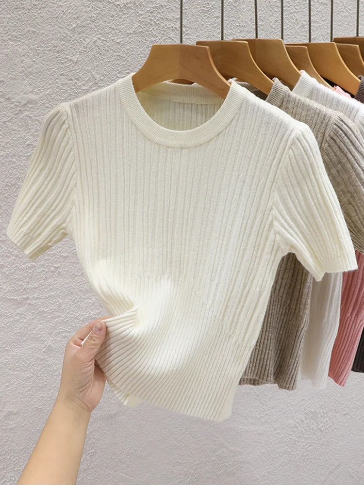 Beige Fitted Knit T-Shirt