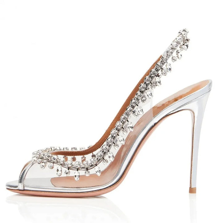 Silver High Heel Sandals with Crystals and Transparent Straps