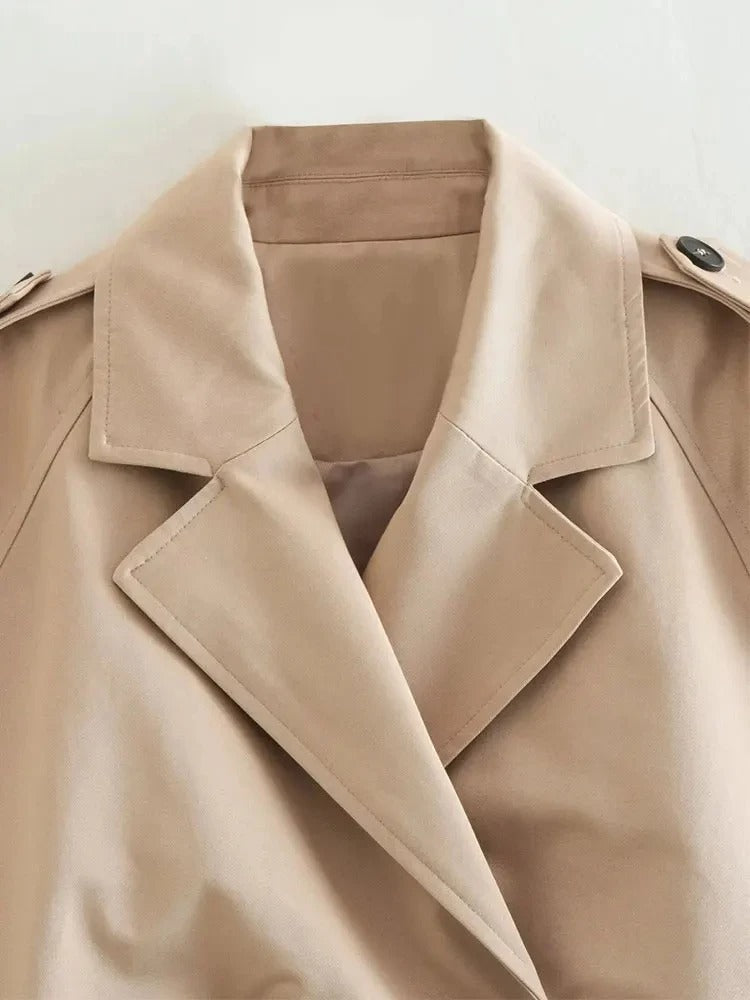 Beige Cropped Trench Coat with Belt Vintage Style