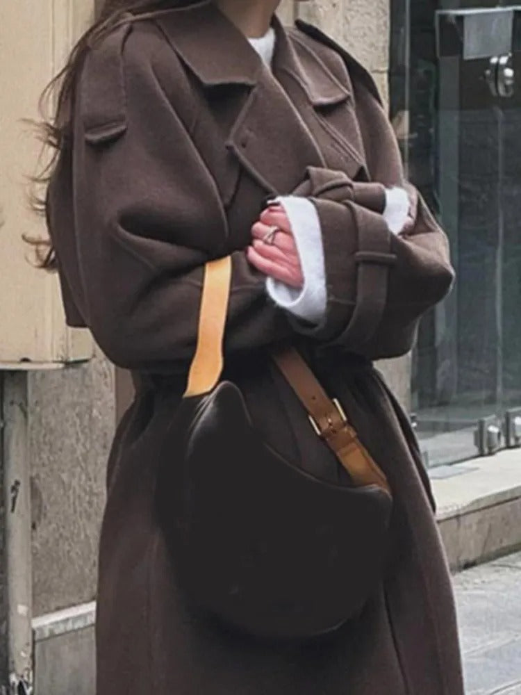 Dark Gray Long Double Breasted Wool Coat with Belt