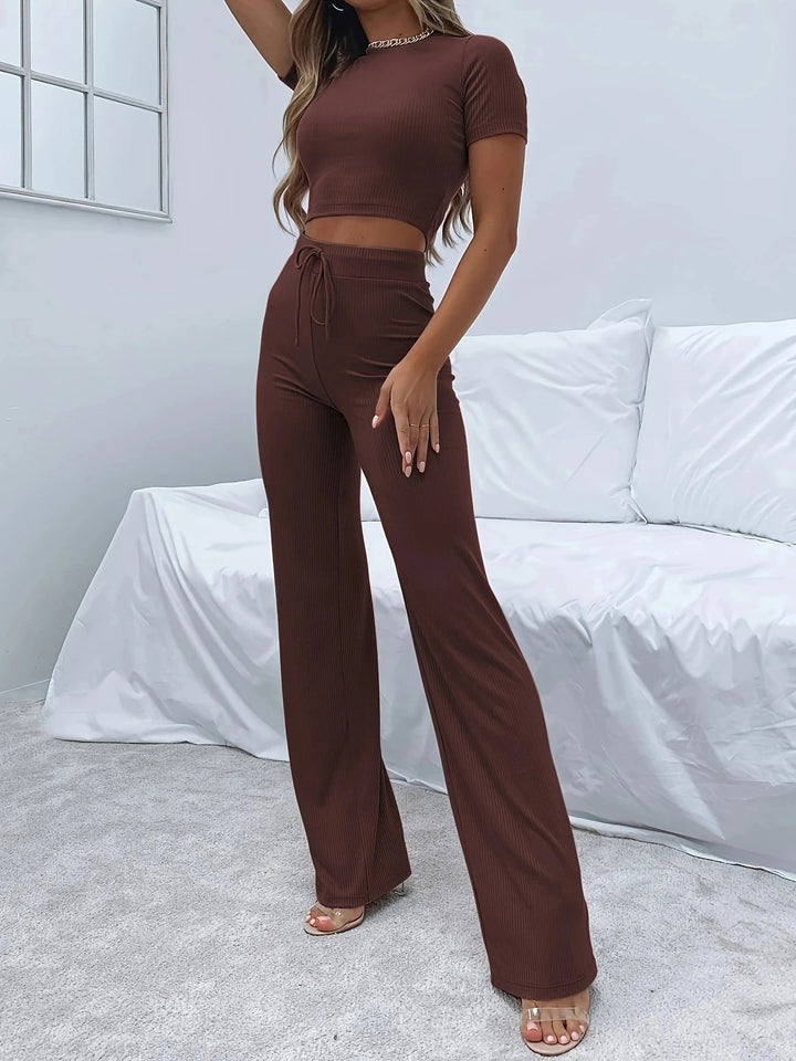 Short Knit Top and Pants Set Coffee