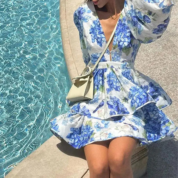 Blue Floral Print Mini Dress with Ruffles