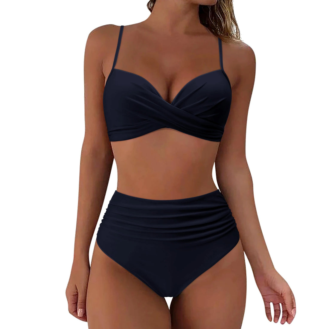 Granatowe Bikini Push-Up z Wysokim Stanem