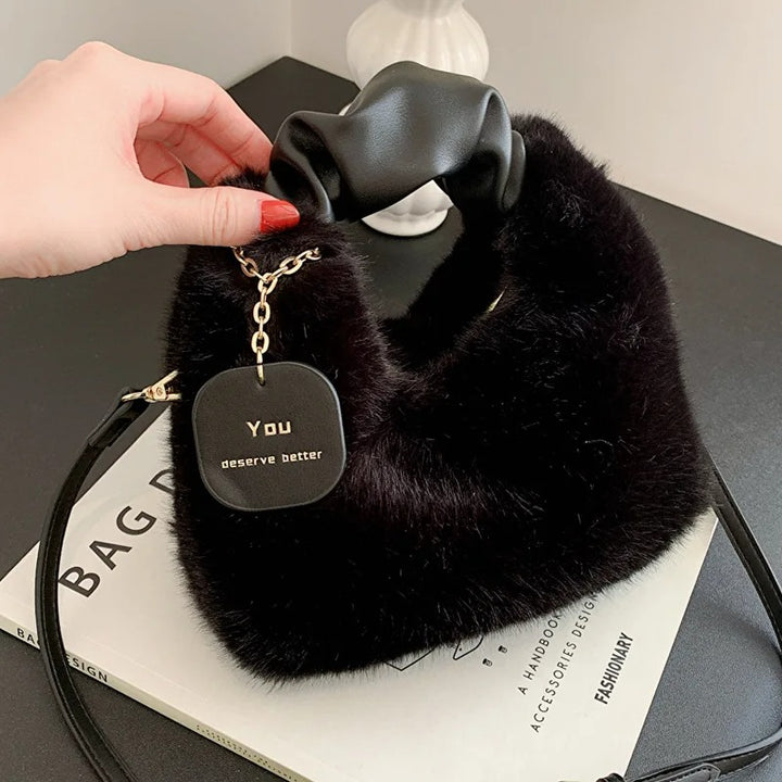 Black Faux Fur Bag with Leather Handle