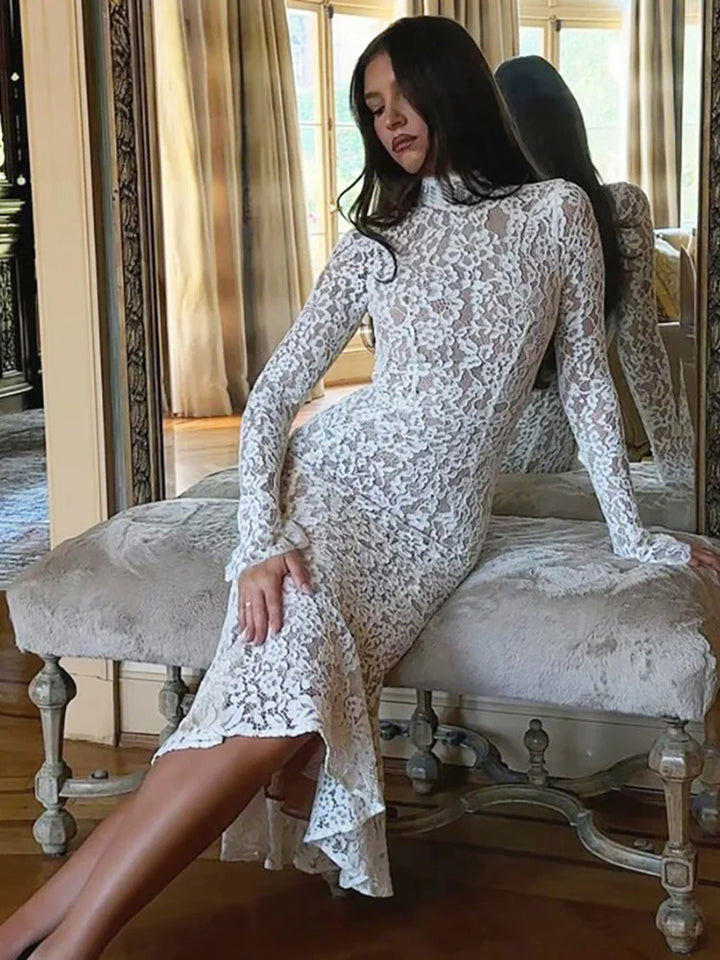 White long dress with jacquard pattern and bell sleeves