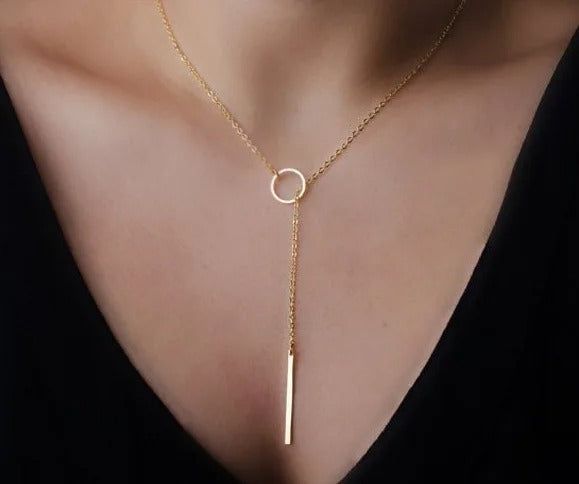 Gold Y Necklace with Circle and Rod Modern Elegance